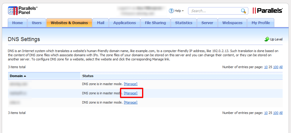 Parallels Plesk Panel DNS interface