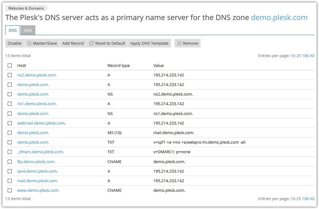 Plesk Onyx DNS interface