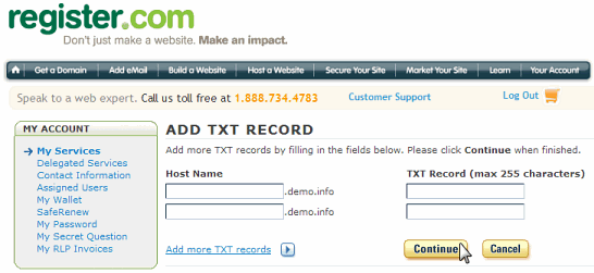 Register.com Manager interface